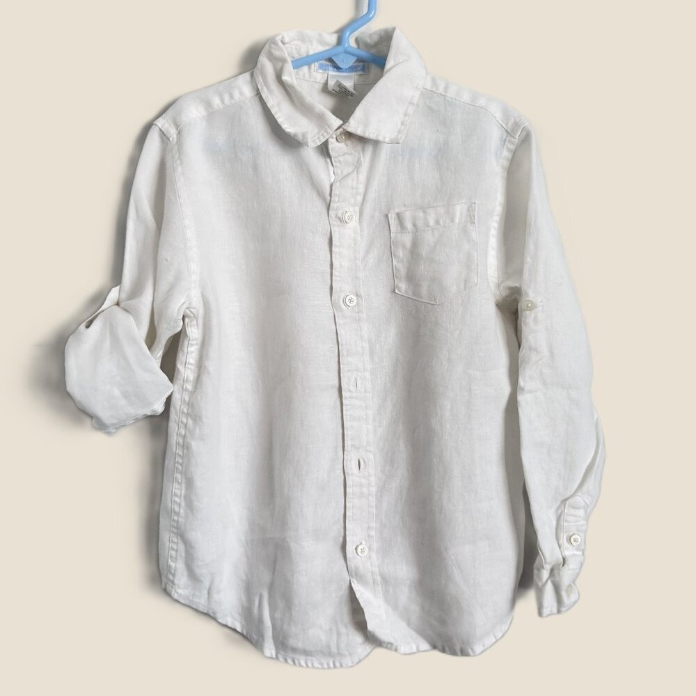 Janie and Jack Kids White Linen Btn Down Shirt Roll Tab Sleeves Pocket Sz 6